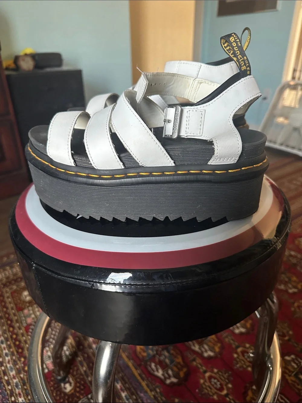Dr. Martens White Leather Strappy Platform Sandals with Black Sole - Blaire Quad